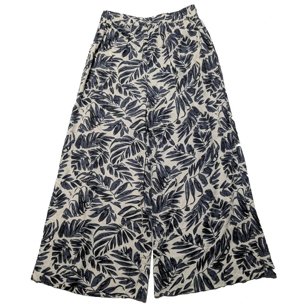 MNG MANGO Women Small Blue Ivory Linen Blend‎ AOP Pull-on Wide-Leg Cropped Pants